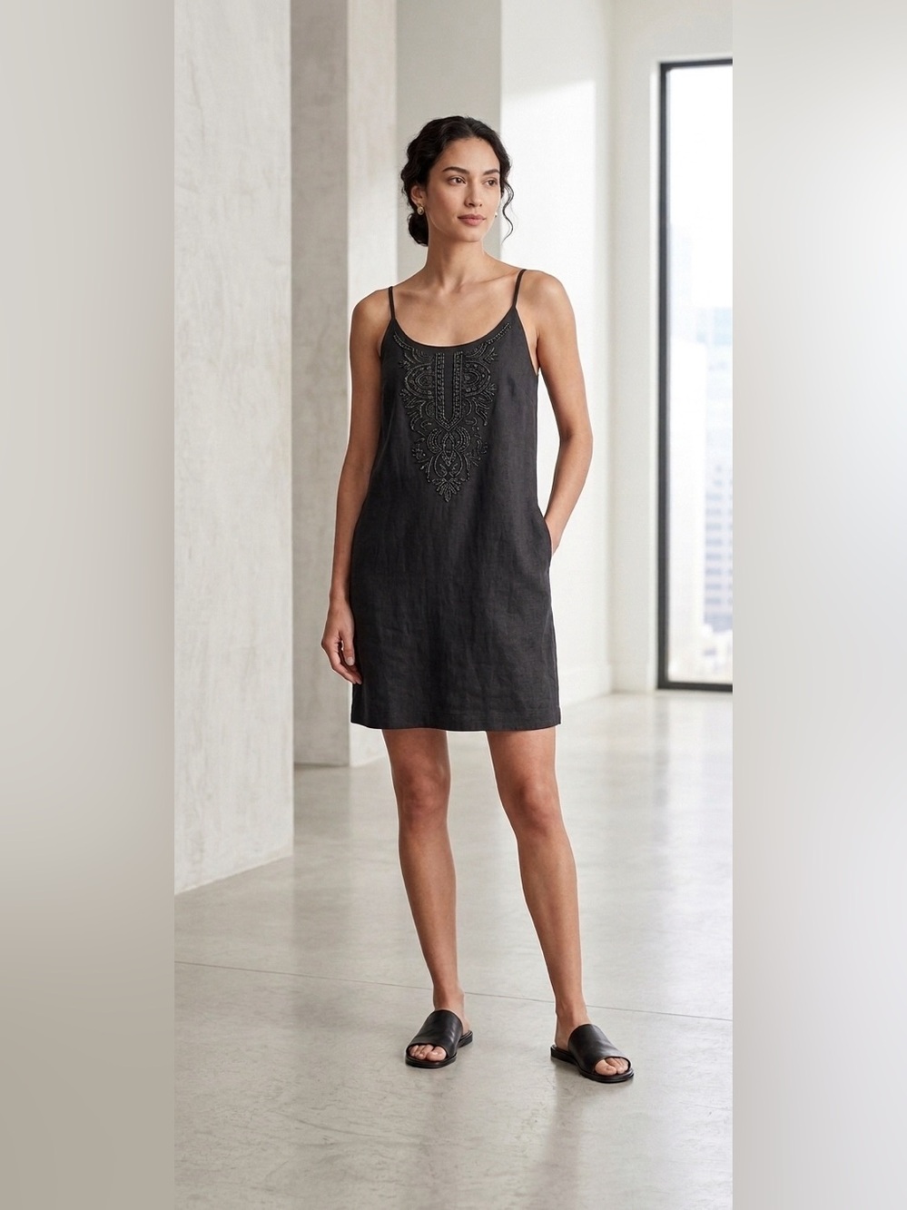 Eileen Fisher Embellishment 100% Organic Linen Dress Size M